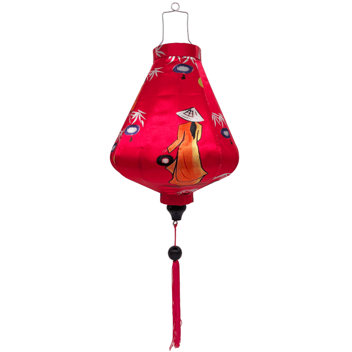 Teardrop shaped lantern featuring traditional nón lá hat-wearing Vietnamese woman holding lanterns on bright pink background. 