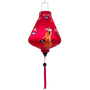 Teardrop shaped lantern featuring traditional nón lá hat-wearing Vietnamese woman holding lanterns on bright pink background. 