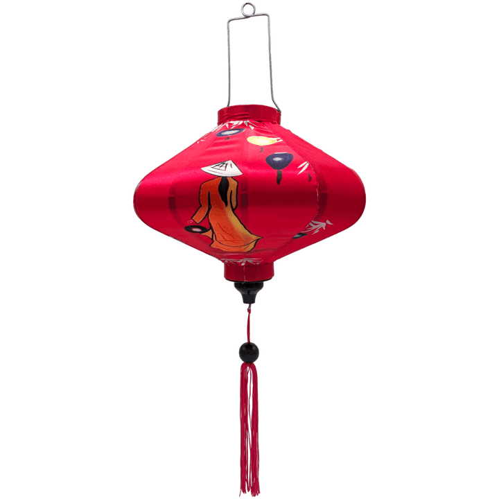 UFO shaped lantern featuring traditional nón lá hat-wearing Vietnamese woman holding lanterns on bright pink background. 