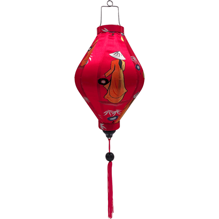 Tube shaped lantern featuring traditional nón lá hat-wearing Vietnamese woman holding lanterns on bright pink background. 