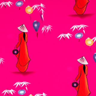 Polyester silk fabric with traditional nón lá hat-wearing Vietnamese woman holding lanterns on bright pink background. 