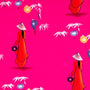Polyester silk fabric with traditional nón lá hat-wearing Vietnamese woman holding lanterns on bright pink background. 