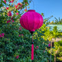 Round Jacquard silk Hot Pink lantern hanging among green foliage and flowers with matching pink tassel