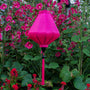 Hot pink plain colour Vietnamese Lantern hanging in front of matching hot pink flowers in Hoi An.
