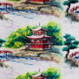 Polyester silk fabric used to create lanterns featuring a print of a temples surrounded by a tranquil rivers and picturesque bridge on white background.