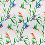 Polyester silk fabric with hummingbirds sitting and flying amongst plants on white background used to create Vietnamese lanterns.