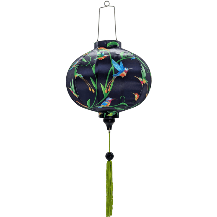 A round polyester silk Vietnamese lantern made from steel, bamboo and polyester silk fabric with green tassel.