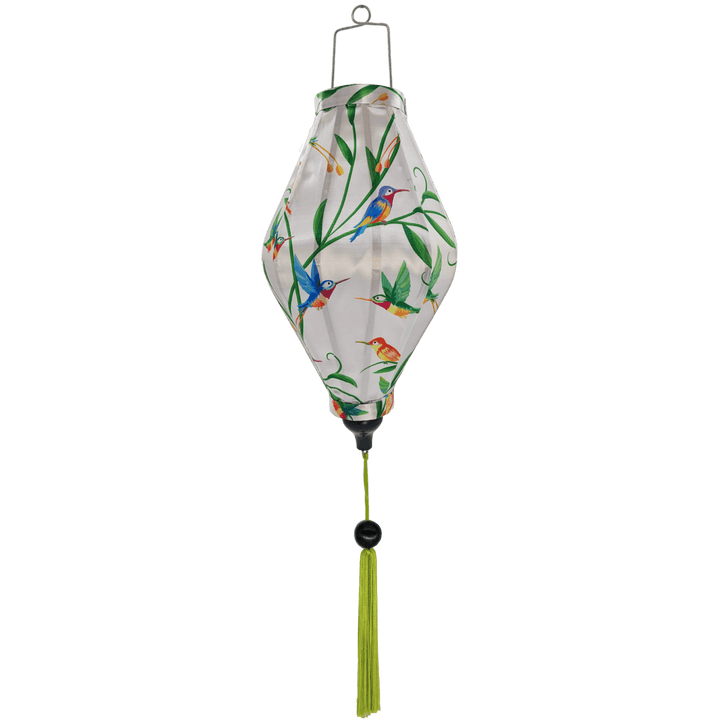 Tube shaped Vietnamese Hoi An lantern with green tassel.