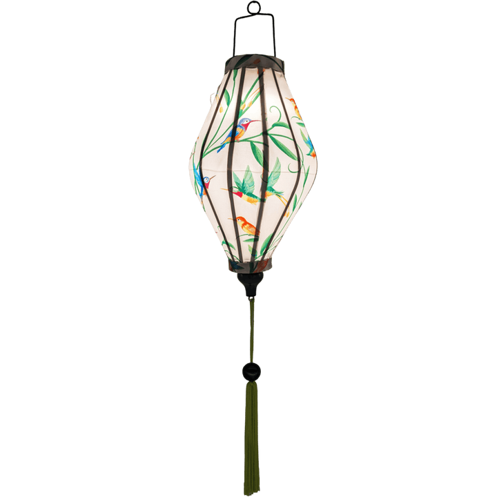 Glowing Tube shaped Vietnamese Hoi An lantern with green tassel.