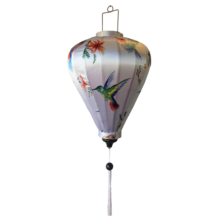 Balloon shaped lantern with white silk background and tassel, handmade in Hoi An, Quang Nam, Vietnam.