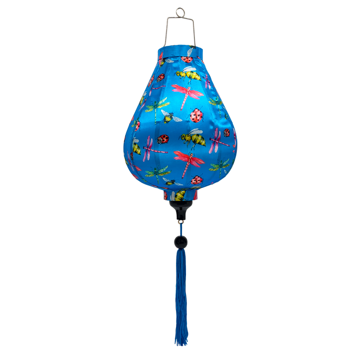 A Garlic shaped Vietnamese lantern with a print of dragonflies, lady bugs and bees on bright blue background.