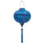 A round shaped lantern with a print of dragonflies, lady bugs and bees on bright blue background.