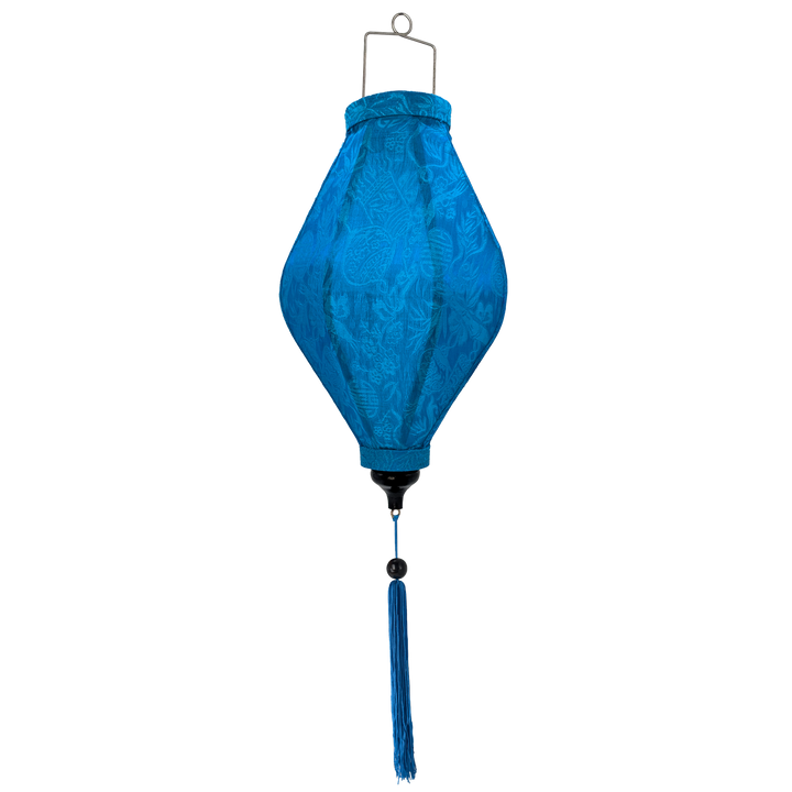 Tube shape  Vietnamese silk lantern handmade in Hoi An with bamboo, steel and blue Jacquard silk fabric.