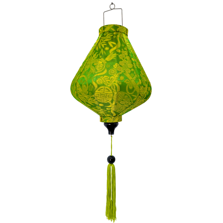 Teardrop shape Vietnamese silk lantern handmade in Hoi An with bamboo, steel and green jacquard silk fabric.