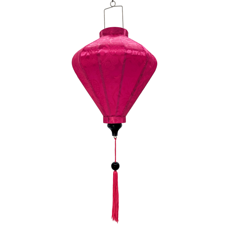 Diamond shape Vietnamese silk lantern handmade in Hoi An with bamboo, steel and hot pink Jacquard silk fabric.