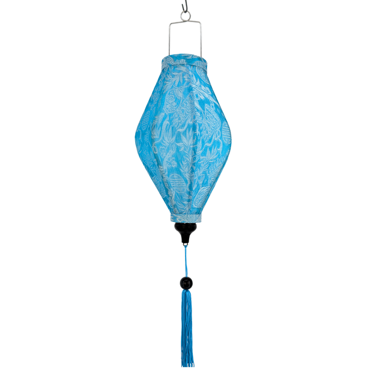 Blue and silver jacquard silk tube shaped lantern with matching blue tassel.