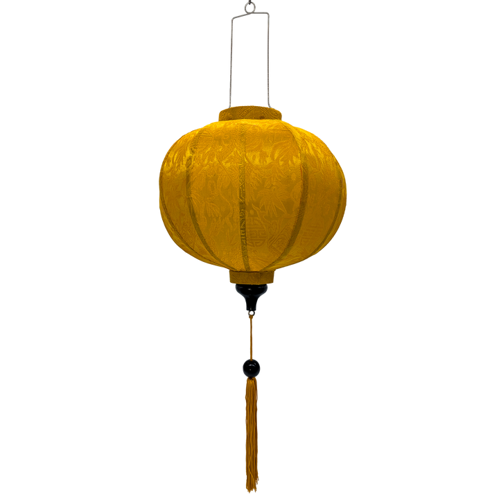 Round shape Vietnamese silk lantern handmade in Hoi An with bamboo, steel and mustard jacquard silk fabric.
