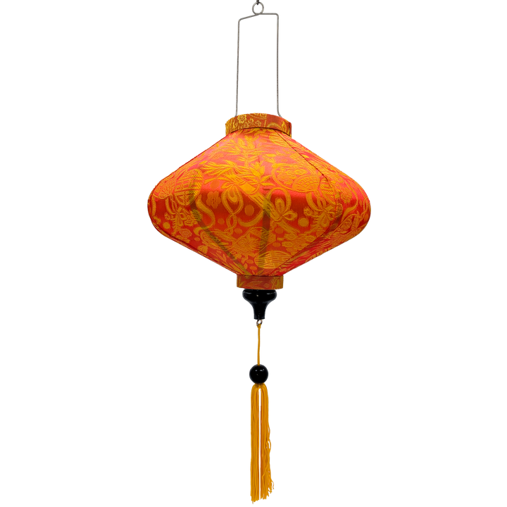 UFO shape lantern with orange Jacquard silk fabric.