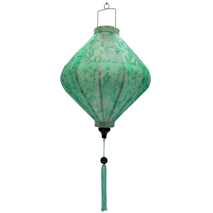 Lozenge shape Vietnamese Jacquard silk lantern in sea green colour.