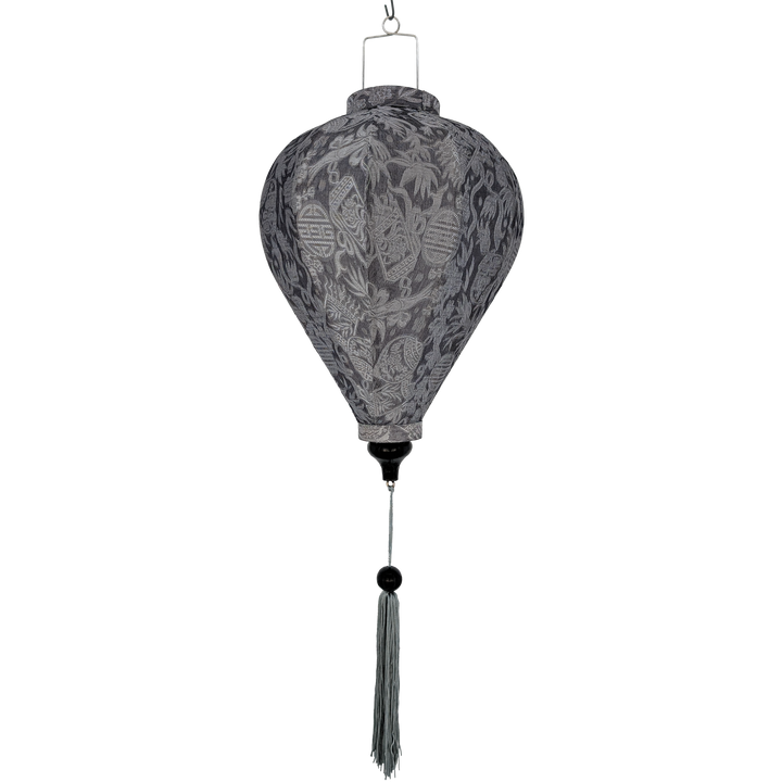 Balloon shaped grey Jacquard silk lantern with intricate patterns and matching grey tassel