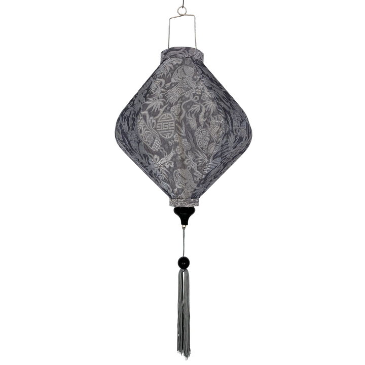 Lozenge shaped grey Jacquard silk lantern with intricate patterns and matching grey tassel