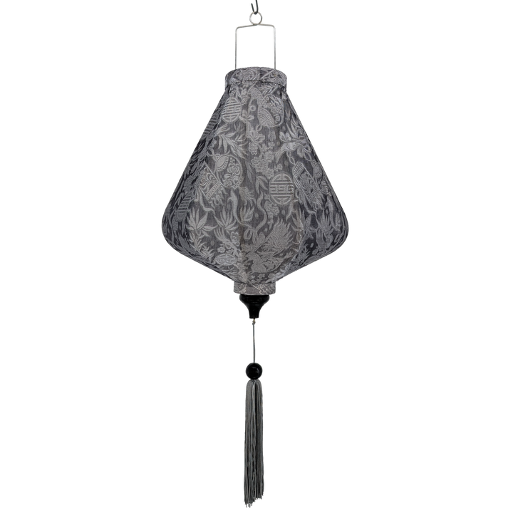 Teardrop shaped grey Jacquard silk lantern with intricate patterns and matching grey tassel