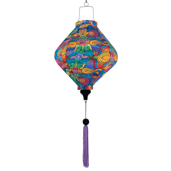 Colourful kaleidoscope hanging Lozenge shaped silk lantern with a purple tassel 