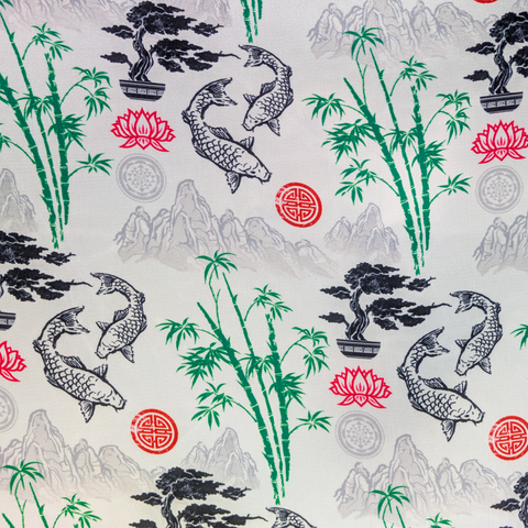 Traditional design with koi fish, bamboo, and lotus flowers on a white background.