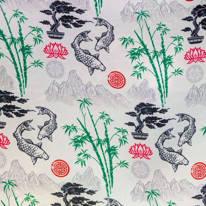 Traditional design with koi fish, bamboo, and lotus flowers on a white background.
