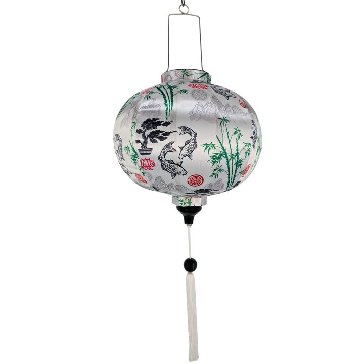 Round Vietnamese silk lantern with koi fish and bamboo design on a white background
