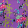 Polyester silk fabric with Koi fish, lotus flowers, and bamboo on a purple background used for Vietnamese silk lanterns.