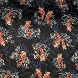 Pattern of red and white koi fish on a dark background with waves.