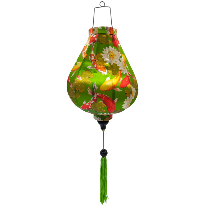 Garlic shaped Vietnamese lantern with green tassel featuring a print of yellow, orange and white koi fish swimming around white lotus flowers on a lime green background.