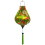 Garlic shaped Vietnamese lantern with green tassel featuring a print of yellow, orange and white koi fish swimming around white lotus flowers on a lime green background.