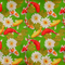 A close up of polyester silk fabric with a print of yellow, orange and white koi fish swimming around white lotus flowers on a lime green background.