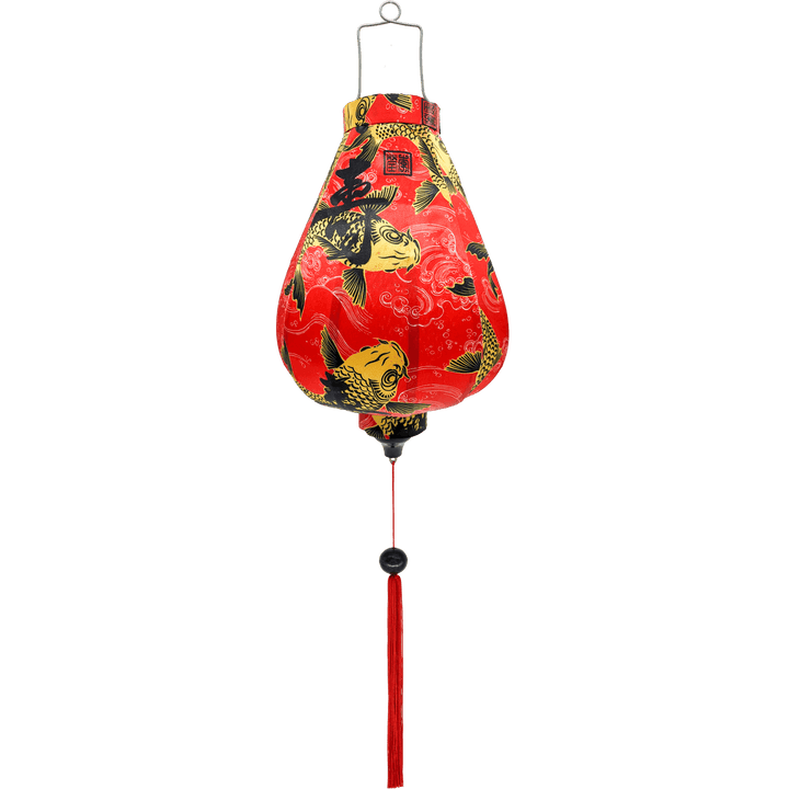 Garlic shaped Vietnamese lantern with a red tassel and print of large yellow koi fish swimming amidst swirls of white and thick black calligraphy.