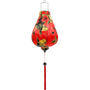 Garlic shaped Vietnamese lantern with a red tassel and print of large yellow koi fish swimming amidst swirls of white and thick black calligraphy.