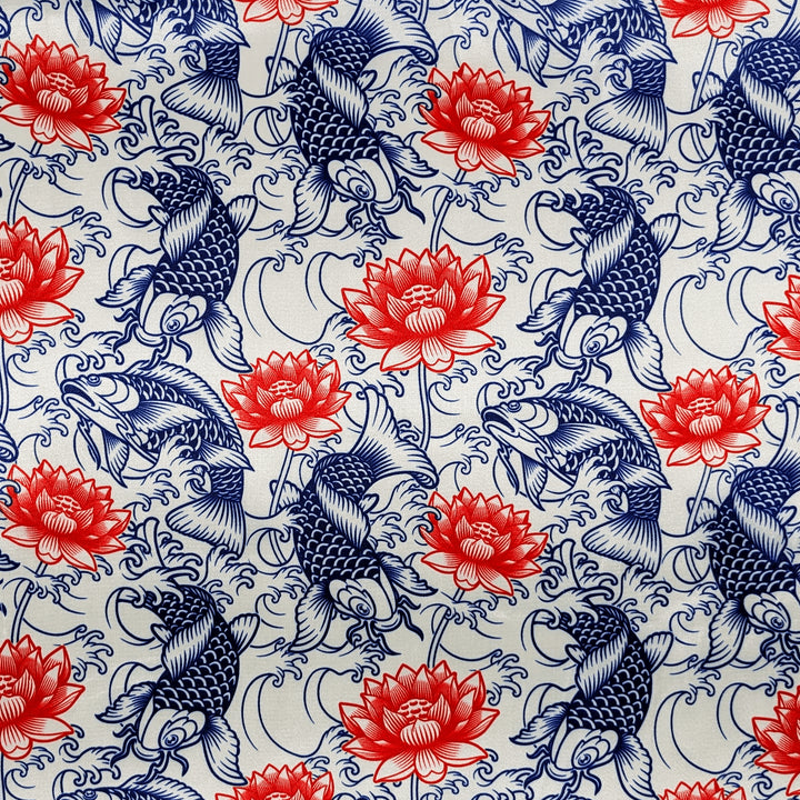 Polyester silk fabric print with intricate koi fish swimming among blooming red lotus, perfect for home decor and ambiance.
