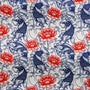 Polyester silk fabric print with intricate koi fish swimming among blooming red lotus, perfect for home decor and ambiance.
