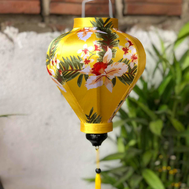 20 cm size lantern handmade with yellow polyester silk fabric with Hibiscus flower print.