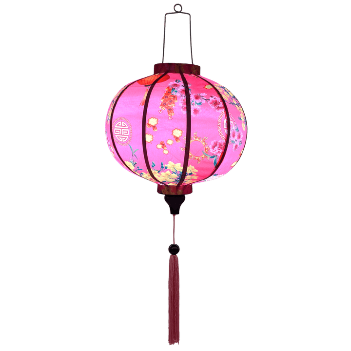 Glowing Round Hoi An Lantern creating a beautiful soft pink hue.
