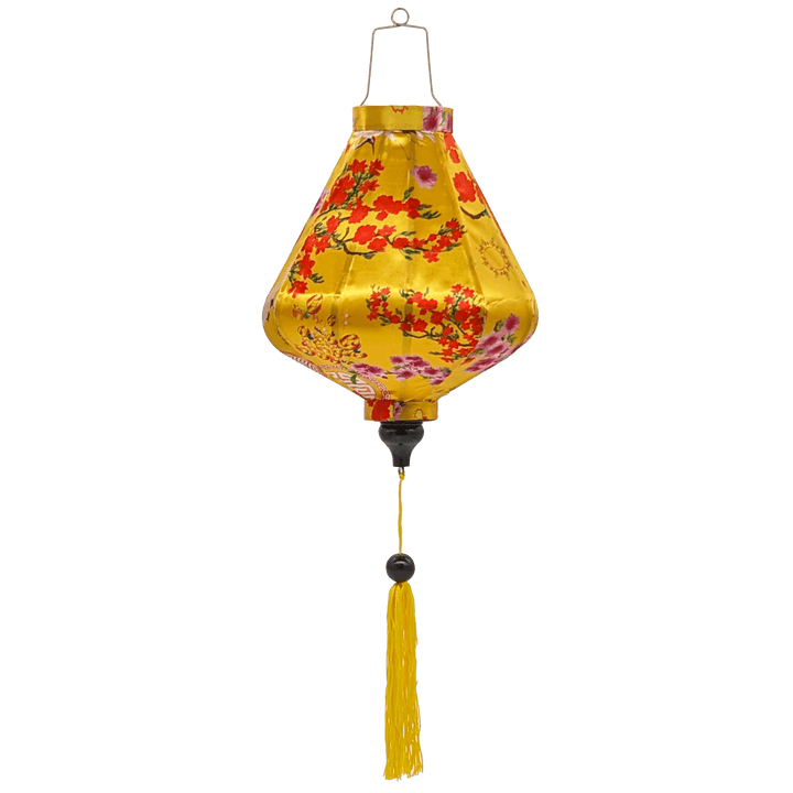 Teardrop shaped lantern with yellow tassel.