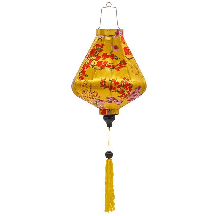 Teardrop shaped lantern with a print of pink and red blossoms against yellow background.