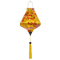 Teardrop shaped lantern with a print of pink and red blossoms against yellow background.