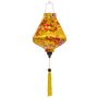 Teardrop shaped lantern with a print of pink and red blossoms against yellow background.