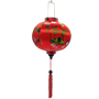 Round Vietnamese lantern with red tassel with black, yellow and green lanterns and multi colour fans surrounded by white cherry blossoms on a bold red background.
