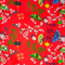 Up close polyester silk fabric with black, yellow and green lanterns and multi colour fans surrounded by white cherry blossoms on a bold red background.