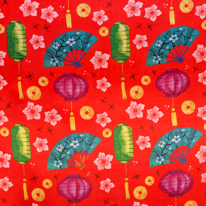 Decorative pattern with lanterns, fans, and flowers on a red background
