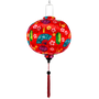 Round silk lantern featuring green lanterns, teal fans, gold coins and pink flowers on red lantern with matching red tassel.