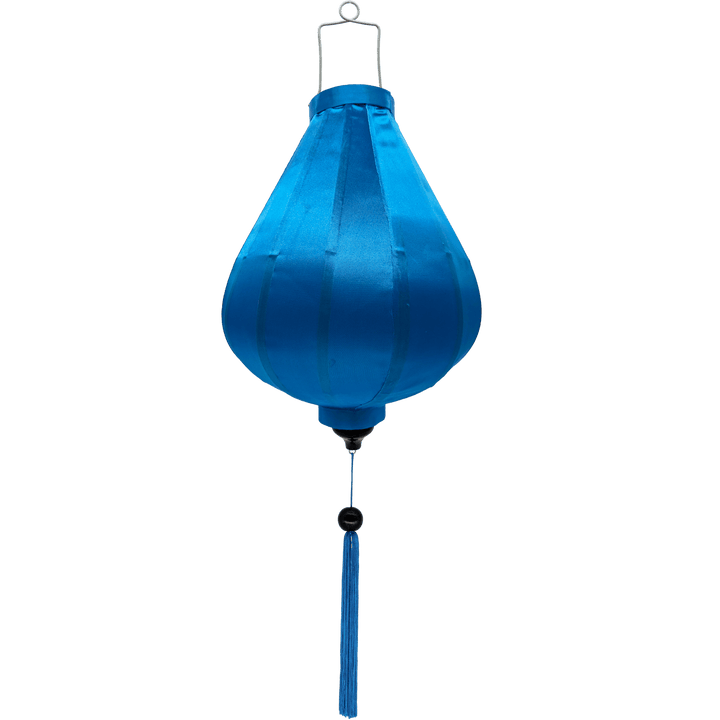 Garlic shape Vietnamese silk lantern in blue plain silk fabric.